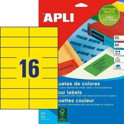 APLI No. 01595 sárga színű 105 x 37 mm méretű, univerzálisan nyomtatható, öntapadós etikett címke, permanens ragasztóval A4-es íven - kiszerelés: 320 címke / 20 ív (LCA1595)