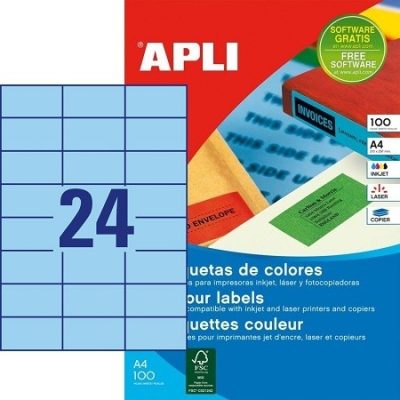 APLI No. 11835 kék színű 70 x 37 mm méretű, univerzálisan nyomtatható, öntapadós etikett címke, permanens ragasztóval A4-es íven - kiszerelés: 2400 címke / 100 ív (LCA11835)