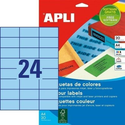 APLI No. 01592 kék színű 70 x 37 mm méretű, univerzálisan nyomtatható, öntapadós etikett címke, permanens ragasztóval A4-es íven - kiszerelés: 480 címke / 20 ív (LCA1592)
