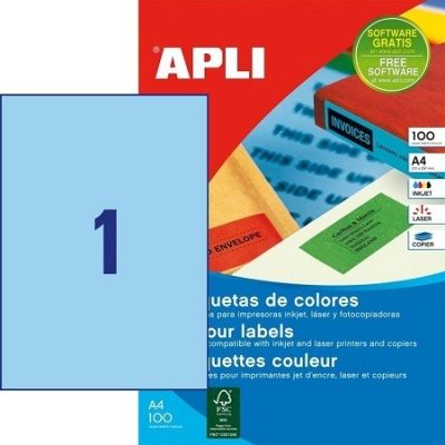 APLI No. 11839 kék színű 210 x 297 mm méretű, univerzálisan nyomtatható, öntapadós etikett címke, permanens ragasztóval A4-es íven - kiszerelés: 100 címke / 100 ív (LCA11839)