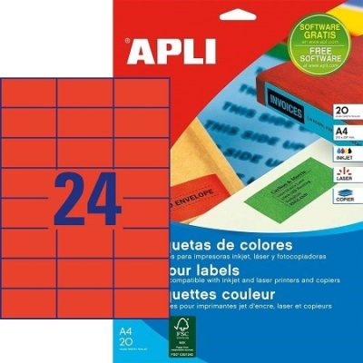 APLI No. 01593 piros színű 70 x 37 mm méretű, univerzálisan nyomtatható, öntapadós etikett címke, permanens ragasztóval A4-es íven - kiszerelés: 480 címke / 20 ív (LCA1593)