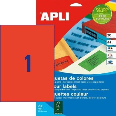 APLI No. 01601 piros színű 210 x 297 mm méretű, univerzálisan nyomtatható, öntapadós etikett címke, permanens ragasztóval A4-es íven - kiszerelés: 20 címke / 20 ív (LCA1601)