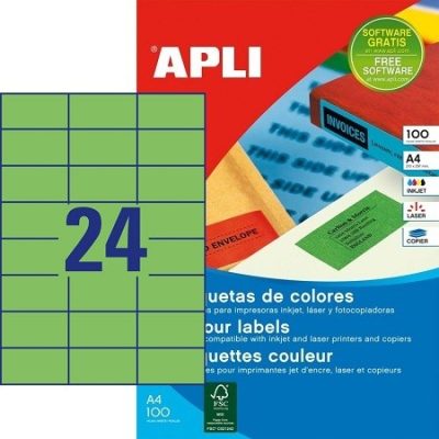 APLI No. 11837 zöld színű 70 x 37 mm méretű, univerzálisan nyomtatható, öntapadós etikett címke, permanens ragasztóval A4-es íven - kiszerelés: 2400 címke / 100 ív (LCA11837)