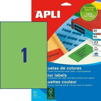 APLI No. 01602 zöld színű 210 x 297 mm méretű, univerzálisan nyomtatható, öntapadós etikett címke, permanens ragasztóval A4-es íven - kiszerelés: 20 címke / 20 ív (LCA1602)