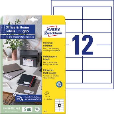 Avery Zweckform No. 6123 fehér színű 97 x 42,3 mm méretű, univerzálisan nyomtatható, öntapadós etikett címke, permanens ragasztóval A4-es íven - kiszerelés: 120 címke / 10 ív