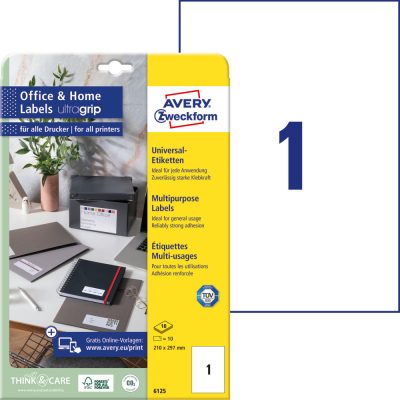 Avery Zweckform No. 6125 fehér színű 210 x 297 mm méretű, univerzálisan nyomtatható, öntapadós etikett címke, permanens ragasztóval A4-es íven - kiszerelés: 10 címke / 10 ív