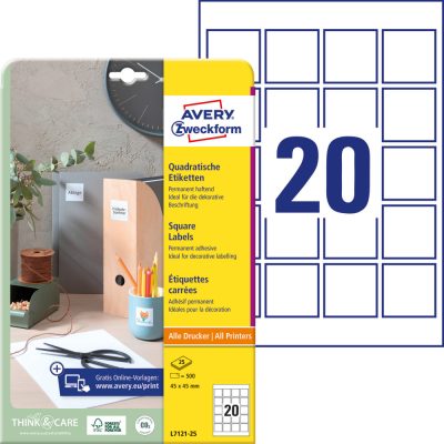 Avery Zweckform No. L7121-25 fehér színű 45 x 45 mm méretű, univerzálisan nyomtatható, öntapadós QR-kód címke, permanens ragasztóval A4-es íven - kiszerelés: 500 címke / 25 ív