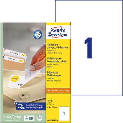 Avery Zweckform No. L4735REV-100 fehér színű 210 x 297 mm méretű, univerzálisan nyomtatható, öntapadós etikett címke, visszaszedhető ragasztóval A4-es íven - kiszerelés: 100 címke / 100 ív