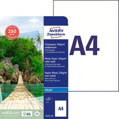 Avery Zweckform No. 2559-20 tintasugaras nyomtatóval nyomtatható A4-es méretű fehér színű 250 g-os prémium minőségű egyoldalas szatén felületű fotópapír - kiszerelés: 20 lap / csomag (Avery 2559-20)