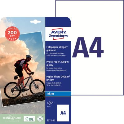 Avery Zweckform No. 2572-50 tintasugaras nyomtatóval nyomtatható A4-es méretű fehér színű 200 g-os különleges minőségű egyoldalas fényes felületű fotópapír - 50 lap / csomag (Avery 2572-50)