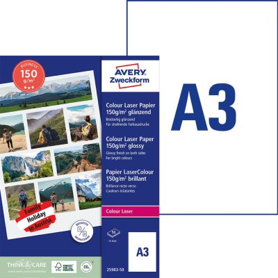 Avery Zweckform No. 25983-100 lézernyomtatóval nyomtatható A3-as méretű fehér színű 150 g-os különleges minőségű kétoldalas fényes felületű papír - kiszerelés: 100 lap / csomag (Avery 25983-100)