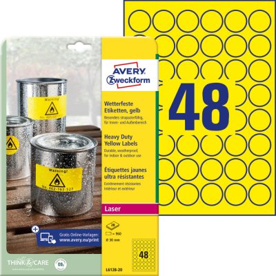 Avery Zweckform No. L6128-20 sárga színű 30 mm átmérőjű, lézernyomtatóval nyomtatható, öntapadós időjárásálló etikett címke, erős, tartós ragasztóval A4-es íven - kiszerelés: 960 címke / 20 ív