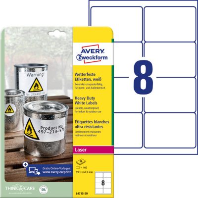 Avery Zweckform No. L4715-20 fehér színű 99,1 x 67,7 mm méretű, lézernyomtatóval nyomtatható, öntapadós időjárásálló etikett címke, erős, tartós ragasztóval A4-es íven - kiszerelés: 160 címke / 20 ív
