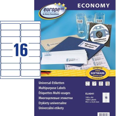 Avery Zweckform europe100 No. ELA041 univerzális 99,1 x 33,9 mm méretű fehér öntapadó etikett címke A4 -es íven - 1600 etikett címke / doboz - 100 ív / doboz (ELA041)
