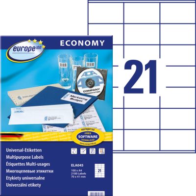 Avery Zweckform europe100 No. ELA045 fehér színű 70 x 41 mm méretű, univerzálisan nyomtatható, öntapadós etikett címke, permanens ragasztóval A4-es íven - kiszerelés: 2100 címke / 100 ív