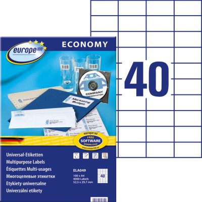 Avery Zweckform europe100 No. ELA049 fehér színű 52,5 x 29,7 mm méretű, univerzálisan nyomtatható, öntapadós etikett címke, permanens ragasztóval A4-es íven - kiszerelés: 4000 címke / 100 ív