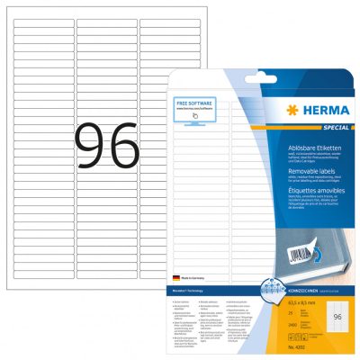 Herma No. 4202 fehér színű 63,5 x 8,5 mm méretű, univerzálisan nyomtatható, öntapadós etikett címke, visszaszedhető ragasztóval A4-es íven - kiszerelés: 2400 címke / 25 ív