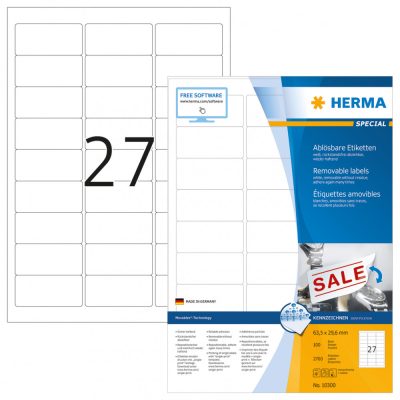 Herma No. 10300 fehér színű 63,5 x 29,6 mm méretű, univerzálisan nyomtatható, öntapadós etikett címke, visszaszedhető ragasztóval A4-es íven - kiszerelés: 2700 címke / 100 ív