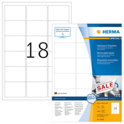 Herma No. 10302 fehér színű 63,5 x 46,6 mm méretű, univerzálisan nyomtatható, öntapadós etikett címke, visszaszedhető ragasztóval A4-es íven - kiszerelés: 1800 címke / 100 ív