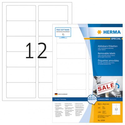 Herma No. 10304 fehér színű 88,9 x 46,6 mm méretű, univerzálisan nyomtatható, öntapadós etikett címke, visszaszedhető ragasztóval A4-es íven - kiszerelés: 1200 címke / 100 ív