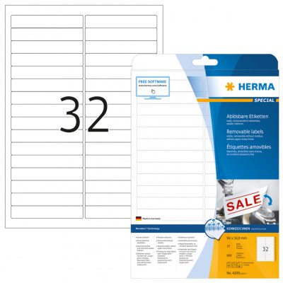Herma No. 4209 fehér színű 96 x 16,9 mm méretű, univerzálisan nyomtatható, öntapadós etikett címke, visszaszedhető ragasztóval A4-es íven - kiszerelés: 800 címke / 25 ív