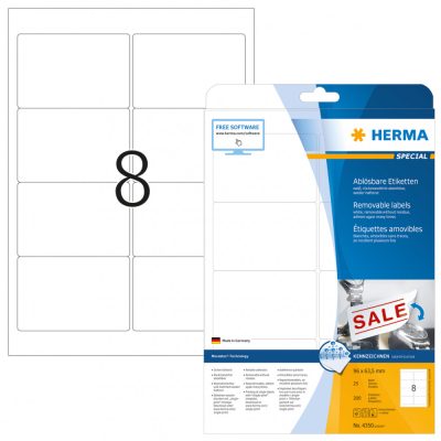 Herma No. 4350 fehér színű 96 x 63,5 mm méretű, univerzálisan nyomtatható, öntapadós etikett címke, visszaszedhető ragasztóval A4-es íven - kiszerelés: 200 címke / 25 ív