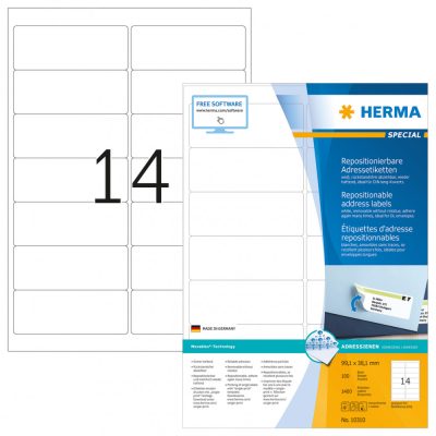 Herma No. 10310 fehér színű 99,1 x 38,1 mm méretű, univerzálisan nyomtatható, öntapadós etikett címke, visszaszedhető ragasztóval A4-es íven - kiszerelés: 1400 címke / 100 ív
