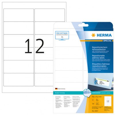 Herma No. 10017 fehér színű 99,1 x 42,3 mm méretű, univerzálisan nyomtatható, öntapadós etikett címke, visszaszedhető ragasztóval A4-es íven - kiszerelés: 300 címke / 25 ív