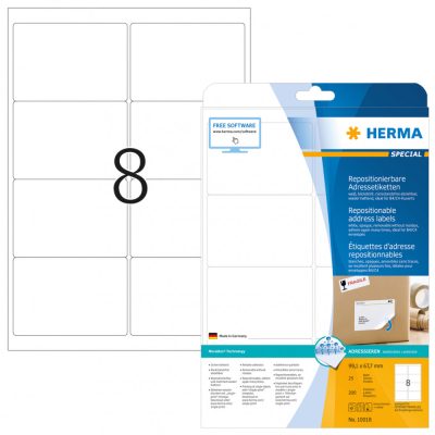 Herma No. 10018 fehér színű 99,1 x 67,7 mm méretű, univerzálisan nyomtatható, öntapadós etikett címke, visszaszedhető ragasztóval A4-es íven - kiszerelés: 200 címke / 25 ív