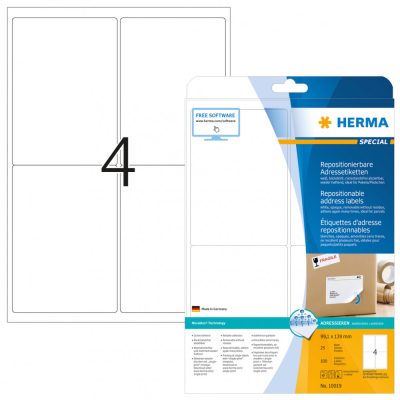 Herma No. 10019 fehér színű 99,1 x 139 mm méretű, univerzálisan nyomtatható, öntapadós etikett címke, visszaszedhető ragasztóval A4-es íven - kiszerelés: 100 címke / 25 ív