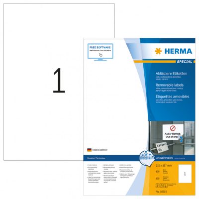 Herma No. 10315 fehér színű 210 x 297 mm méretű, univerzálisan nyomtatható, öntapadós etikett címke, visszaszedhető ragasztóval A4-es íven - kiszerelés: 100 címke / 100 ív