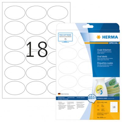Herma No. 4358 fehér színű 63,5 x 42,3 mm méretű, univerzálisan nyomtatható, ovális alakú öntapadós etikett címke, visszaszedhető ragasztóval A4-es íven - kiszerelés: 450 címke / 25 ív