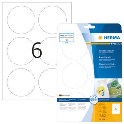 Herma No. 5068 fehér színű 85 mm átmérőjű, univerzálisan nyomtatható, kör alakú öntapadós etikett címke, visszaszedhető ragasztóval A4-es íven - kiszerelés: 150 címke / 25 ív