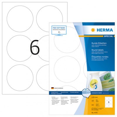 Herma No. 4478 fehér színű 85 mm átmérőjű, univerzálisan nyomtatható, kör alakú öntapadós etikett címke, visszaszedhető ragasztóval A4-es íven - kiszerelés: 600 címke / 100 ív
