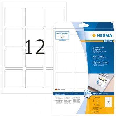 Herma No. 10109 fehér színű 60 x 60 mm méretű, univerzálisan nyomtatható, négyzet alakú öntapadós etikett címke, visszaszedhető ragasztóval A4-es íven - kiszerelés: 300 címke / 25 ív
