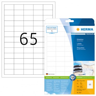 Herma No. 5027 fehér színű 38,1 x 21,2 mm méretű, univerzálisan nyomtatható, öntapadós etikett címke, permanens ragasztóval A4-es íven - kiszerelés: 1625 címke / 25 ív