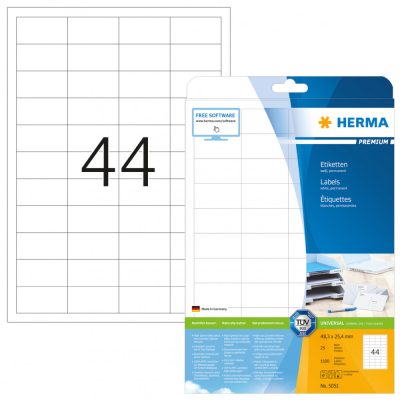 Herma No. 5051 fehér színű 48,3 x 25,4 mm méretű, univerzálisan nyomtatható, öntapadós etikett címke, permanens ragasztóval A4-es íven - kiszerelés: 1100 címke / 25 ív