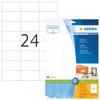 Herma No. 8644 fehér színű 70 x 37 mm méretű, univerzálisan nyomtatható, öntapadós etikett címke, permanens ragasztóval A4-es íven - kiszerelés: 240 címke / 10 ív