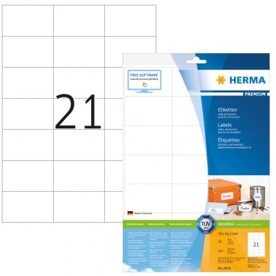 Herma No. 8634 fehér színű 70 x 42,3 mm méretű, univerzálisan nyomtatható, öntapadós etikett címke, permanens ragasztóval A4-es íven - kiszerelés: 210 címke / 10 ív
