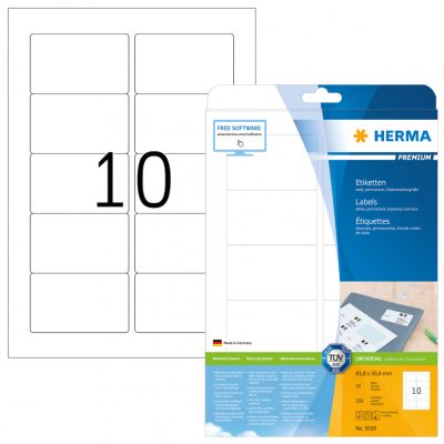 Herma No. 5028 fehér színű 83,8 x 50,8 mm méretű, univerzálisan nyomtatható, öntapadós etikett címke, permanens ragasztóval A4-es íven - kiszerelés: 250 címke / 25 ív