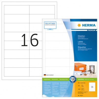 Herma No. 4619 fehér színű 97 x 33,8 mm méretű, univerzálisan nyomtatható, öntapadós etikett címke, permanens ragasztóval A4-es íven - kiszerelés: 3200 címke / 200 ív