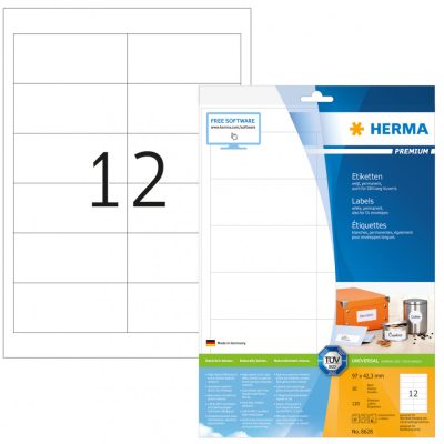 Herma No. 8628 fehér színű 97 x 42,3 mm méretű, univerzálisan nyomtatható, öntapadós etikett címke, permanens ragasztóval A4-es íven - kiszerelés: 120 címke / 10 ív