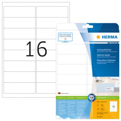 Herma No. 5075 fehér színű 99,1 x 33,8 mm méretű, univerzálisan nyomtatható, öntapadós etikett címke, permanens ragasztóval A4-es íven - kiszerelés: 400 címke / 25 ív
