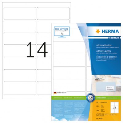 Herma No. 4678 fehér színű 99,1 x 38,1 mm méretű, univerzálisan nyomtatható, öntapadós etikett címke, permanens ragasztóval A4-es íven - kiszerelés: 1400 címke / 100 ív