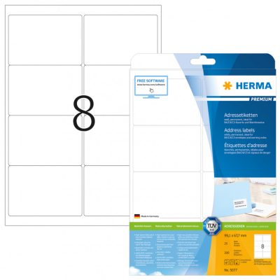 Herma No. 5077 fehér színű 99,1 x 67,7 mm méretű, univerzálisan nyomtatható, öntapadós etikett címke, permanens ragasztóval A4-es íven - kiszerelés: 200 címke / 25 ív