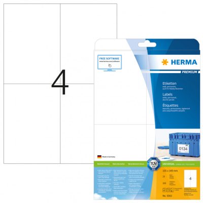 Herma No. 5063 fehér színű 105 x 148 mm méretű, univerzálisan nyomtatható, öntapadós etikett címke, permanens ragasztóval A4-es íven - kiszerelés: 100 címke / 25 ív