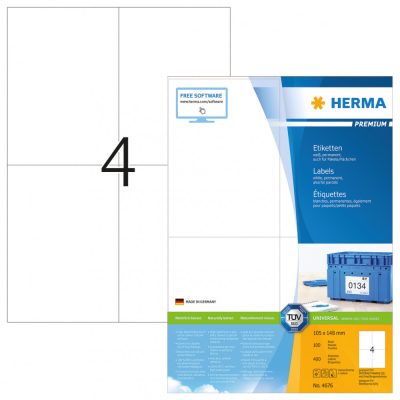 Herma No. 4676 fehér színű 105 x 148 mm méretű, univerzálisan nyomtatható, öntapadós etikett címke, permanens ragasztóval A4-es íven - kiszerelés: 400 címke / 100 ív