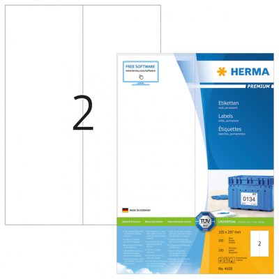 Herma No. 4658 fehér színű 105 x 297 mm méretű, univerzálisan nyomtatható, öntapadós etikett címke, permanens ragasztóval A4-es íven - kiszerelés: 200 címke / 100 ív
