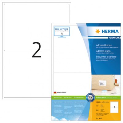 Herma No. 4249 fehér színű 199,6 x 143,5 mm méretű, univerzálisan nyomtatható, öntapadós etikett címke, permanens ragasztóval A4-es íven - kiszerelés: 200 címke / 100 ív
