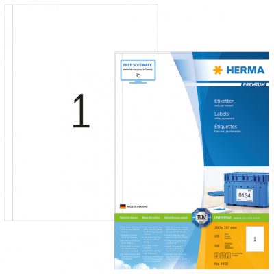 Herma No. 4458 fehér színű 200 x 297 mm méretű, univerzálisan nyomtatható, öntapadós etikett címke, permanens ragasztóval A4-es íven - kiszerelés: 100 címke / 100 ív
